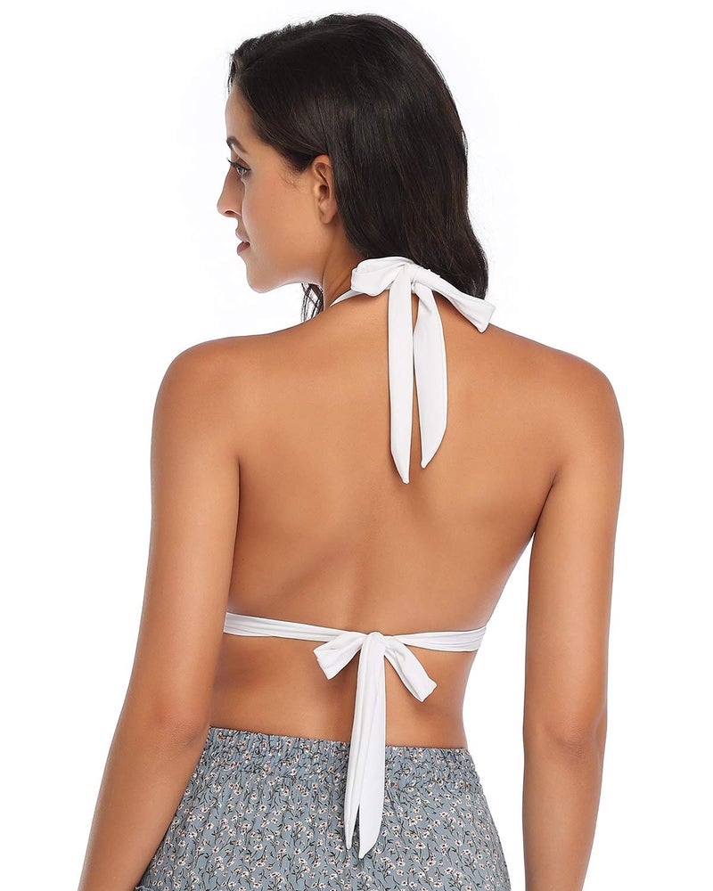 Balasami Women's Retro 50s Plaid Pattern Polka Dot Halter Molded Soft Pads Vintage Bikini Swimsuits Tops (M, White) - Image 5